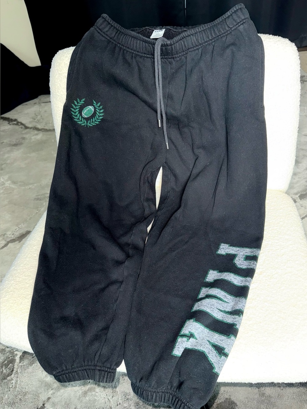 PINK Victoria's Secret Black Sweatpants with Green Logo Football M